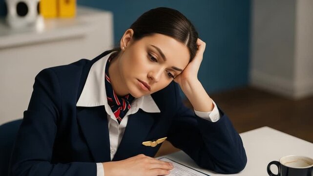 Exhausted young female flight attendant in uniform reviewing paperwork at a desk