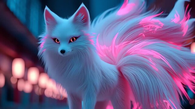 Magical White Fox Spirit with Glowing Tails in Neon Japanese Night Market