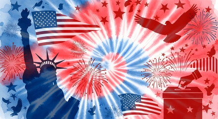 Naklejka premium A bold red, white, and blue color backdrop for party invitations, voting, July celebrations, memorials, tie-dye themes, Labor Day ads, watercolor designs, Independence Day, and presidential election.