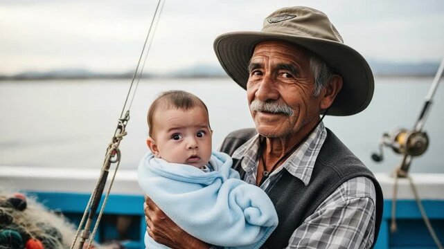 Senior Hispanic fisherman holding infant grandson in blue blanket on a traditional boat