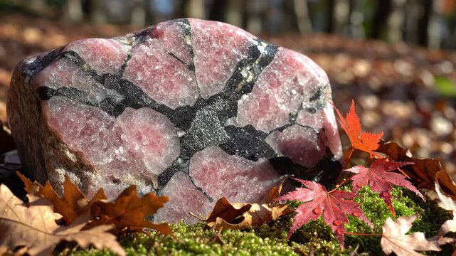 Rhodonite Stone on Japanese Forest Floor in Autumn Sunlight