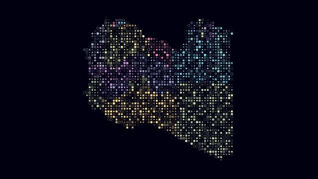 Libya map animation. Shape of the country with pulsating colored dots. Small size rounded square blocks. Digital style Libya map on dark background. Abstract video.
