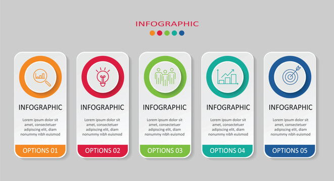 Set of 5 steps rounded rectangles with circle business infographic template. Vertical banner with circle icons for process steps strategy timeline and presentation vector design.