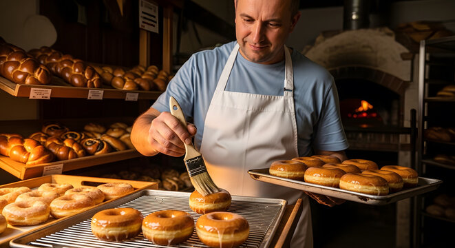 Male worker using brush to coat sweet doughnuts on a cooling rack