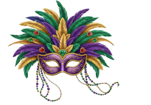 Colorful feathered carnival masquerade mask with vibrant plumes and decorative designs isolated on transparent background
