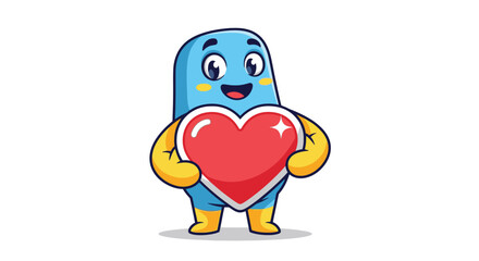 Fototapeta premium Blue cartoon character holding red heart.