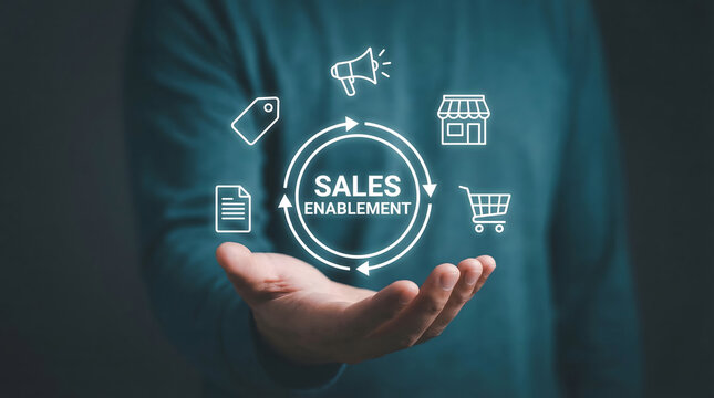 Hand presenting digital sales enablement strategy with business icons on a dark background