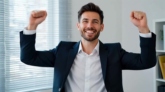 Joyful Businessman Celebrating Success with Fists Raised in an Office Setting, Expressing Happiness and Achievement
