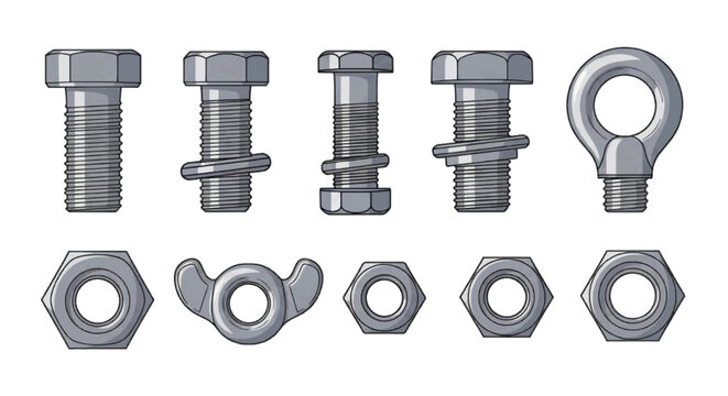 Vector illustration of set of various metal bolts and nuts on a transparent background