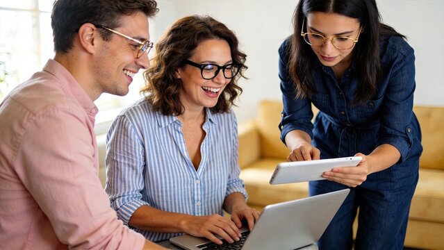 Three smiling business colleagues working together in a modern officeman and woman sitting at laptop while standing woman shows tablet screenteamworkcollaborationcreativediversetec