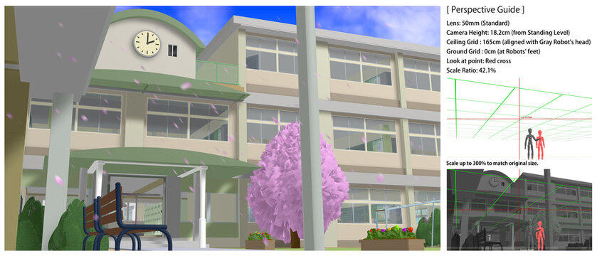 桜舞う学校の景色
[パースガイドデータ として以下の情報が素材に記載されています]
Look-at Point (注視点)   （赤色クロス線）
レンズ高（接地足元基準）（白色水平ライン）
レンズ: 50mm (標準)
灰色ロボの頭　＝165cm＝天井グリッド	（緑色グリッド）
ロボ二体の足裏＝  0cm＝地面グリッド	（青色グリッド）
縮尺：42.1%