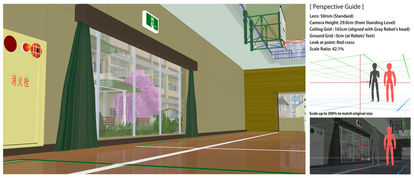 桜舞う学校の景色
[パースガイドデータ として以下の情報が素材に記載されています]
Look-at Point (注視点)   （赤色クロス線）
レンズ高（接地足元基準）（白色水平ライン）
レンズ: 50mm (標準)
灰色ロボの頭　＝165cm＝天井グリッド	（緑色グリッド）
ロボ二体の足裏＝  0cm＝地面グリッド	（青色グリッド）
縮尺：42.1%