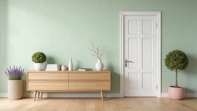 Modern minimalist interior with a wooden sideboardsage green walland white doordecorated with potted plantslavenderand vasesideal for bright modern home decor inspiration