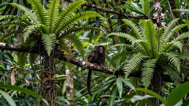 Aye-Aye Lemur Perched on Branch Among Lush Tropical Ferns