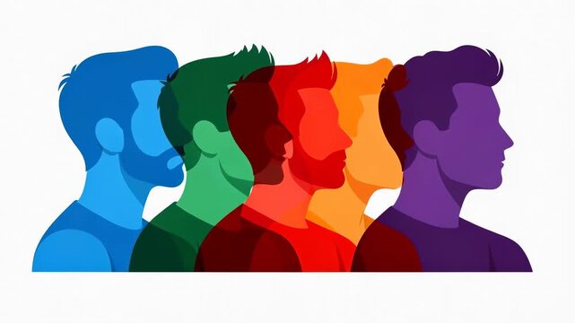 Colorful male profiles overlapping in vibrant transparent layers representing diversity and creativity
