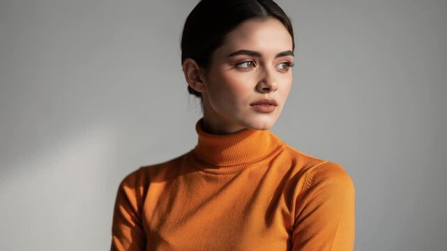 Portrait of a thoughtful young woman in orange turtleneck looking away with neutral background