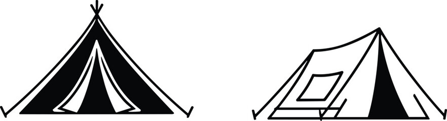 Camping tents illustration with triangular A-frame and rectangular shelter, outdoor adventure design, rustic vector artwork for camping and travel themes © Rebeka