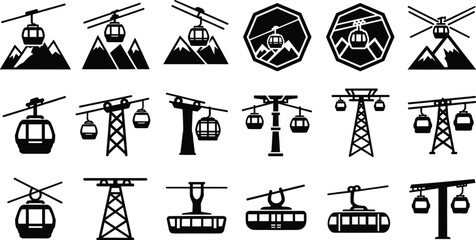 Cable car and gondola silhouette icons, ski lift vector illustration, mountain transport design artwork for tourism, travel, and adventure themes © Rebeka
