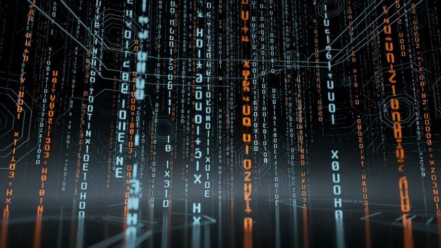 Futuristic digital code with glowing numbers and data streams in dark technology background