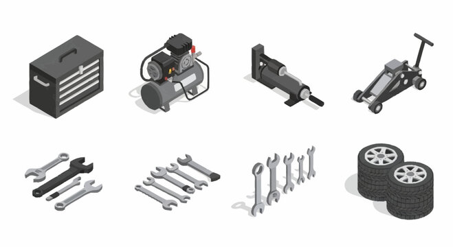 Isometric set of essential garage tools and automotive equipment. Features wrenches, a toolbox, air compressor, and car jack for vehicle maintenance