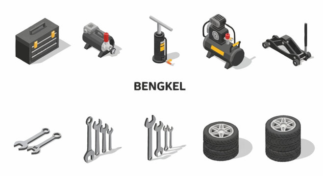 Isometric car workshop equipment set, professional auto repair tools and garage machinery icons, 10 industrial bengkel vector elements