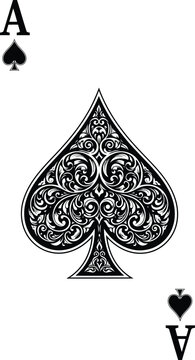 An ornate black and white illustration of the ace of spades playing card with intricate patterns.