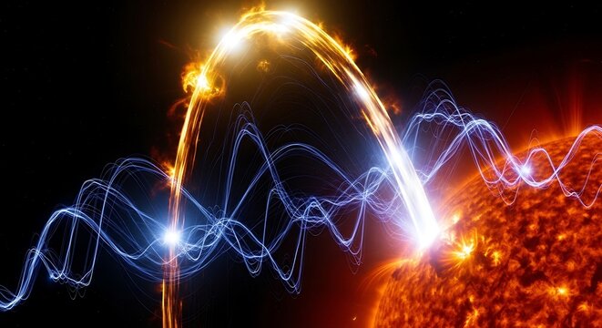 Stylized depiction of a solar flare or coronal loop with bright, wavy energy arcs connecting two luminous points in dark space.