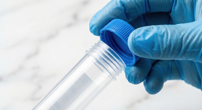 Close-up of gloved hand sealing specimen tube with blue cap