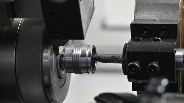 Slow motion video of a CNC lathe machine performing a precision boring cut on high-quality metal parts.