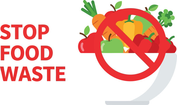 Stop food waste conceptual illustration with fruits and vegetables crossed out by forbidden red sign