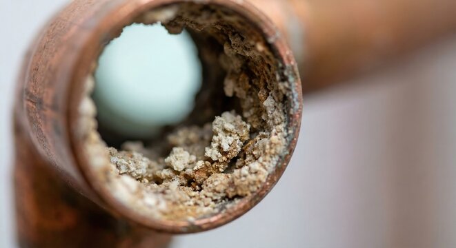 Hard water mineral deposits inside copper plumbing joint