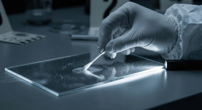 Forensic expert swabbing fingerprint on glass at crime scene