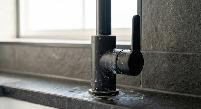 Matte black bathroom faucet with hard water mineral spots