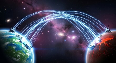 Fototapeta premium Two planets connected by glowing energy beams in space with a starry background.