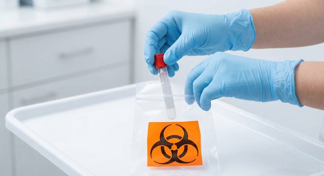 Lab worker placing specimen tube in biohazard transport bag