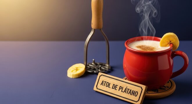 Traditional Guatemalan Atol de Platano in Jicara Cup with Indigo Corte and Copy Space