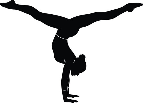 Black silhouette of a female gymnast performing a handstand split on isolated white background