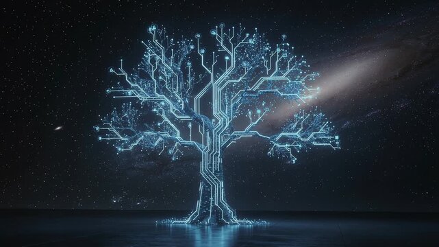 Futuristic digital tree with glowing circuit branches in a cosmic space environment technology concept