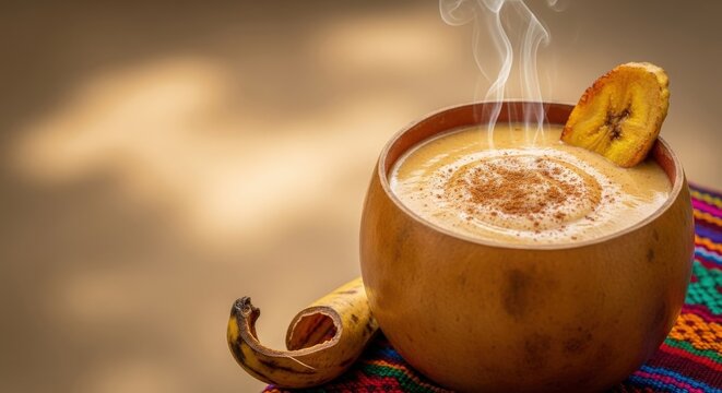 Traditional Atol de Platano in Jicara Cup with 60 Percent Left Copy Space and Huipil Textile