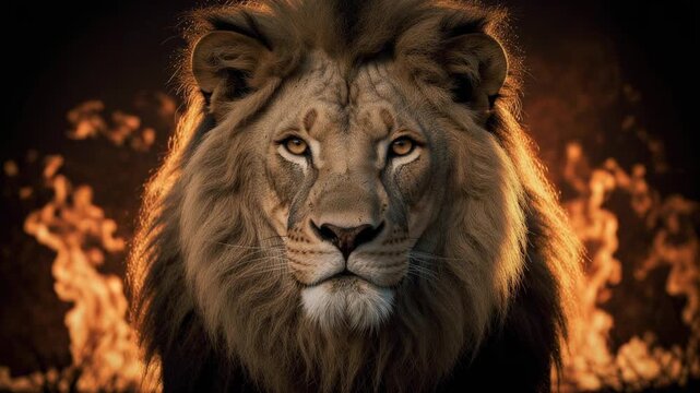Majestic lion with fierce eyes and flowing mane against a fiery background in wild nature