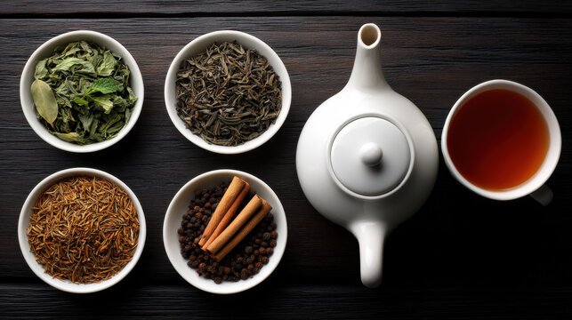 Herbal tea ingredients tea bowl tea cup white teapot dried herb spice cinnamon stick black pepper loose leaf tea dark wood table