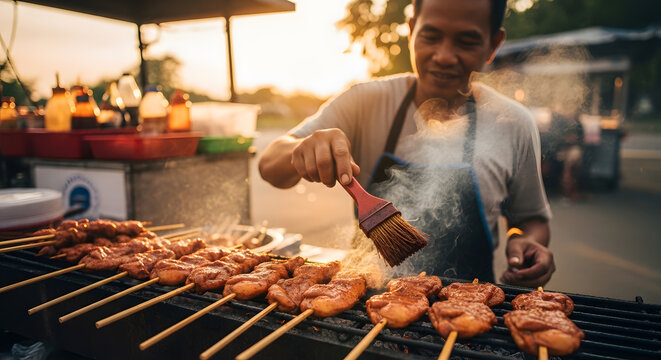 Man grilling rows of chicken satay sticks on an open fire outdoor grill during golden hour sunset