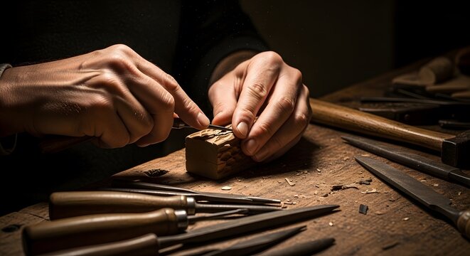 A close-up of hands carving wood using a traditional wood chisel at a workbench. Old, worn woodcarving tools are clearly visible on the table.