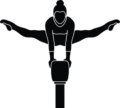 Black Silhouette Illustration of Female Gymnast Performing Straddle Split Vault on Gymnastics Equipment Icon Design