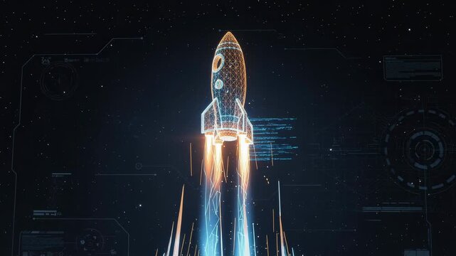 Futuristic digital rocket launch with glowing wireframe and bright flames in outer space background