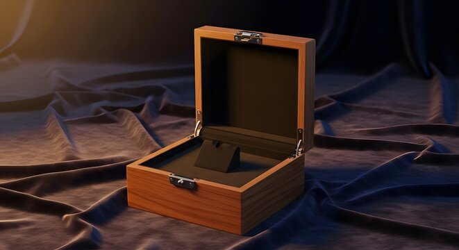 Unbranded luxury watch box mockup with black satin and velvet interior in an elegant open square shape.