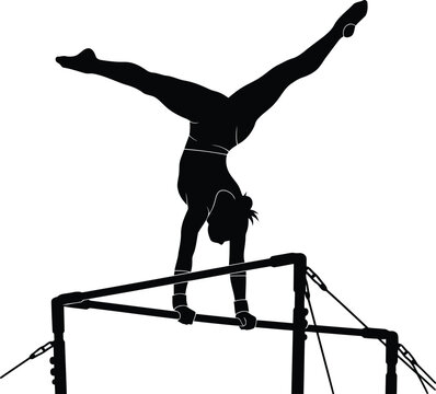 Black silhouette of a female gymnast performing a handstand split on uneven bars isolated white