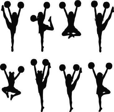 set of black cheerleader silhouettes performing athletic jumps and dance poses with pom poms isolated