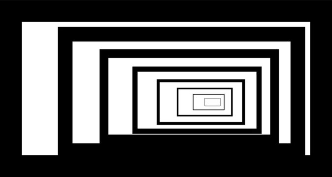 Hand-drawn abstract perspective with nested black and white geometric frames creating a deep tunnel illustration