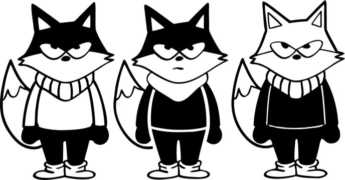 Three Grumpy Cartoon Foxes Vector Character Illustration Set